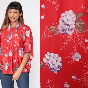 Red Floral Blouse 70s Angel Sleeve Top Zip Up Shirt Flower Print Wide Kimono Sleeve Summer Vintage 1970s Jaylan of California Medium Large
