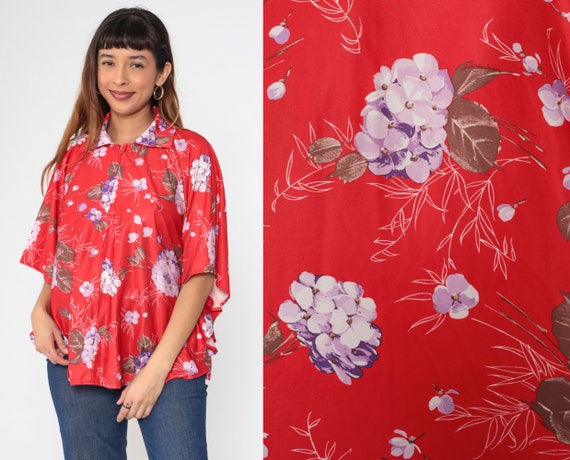 Red Floral Blouse 70s Angel Sleeve Top Zip Up Shirt Flower Print Wide Kimono Sleeve Summer Vintage 1970s Jaylan of California Medium Large
