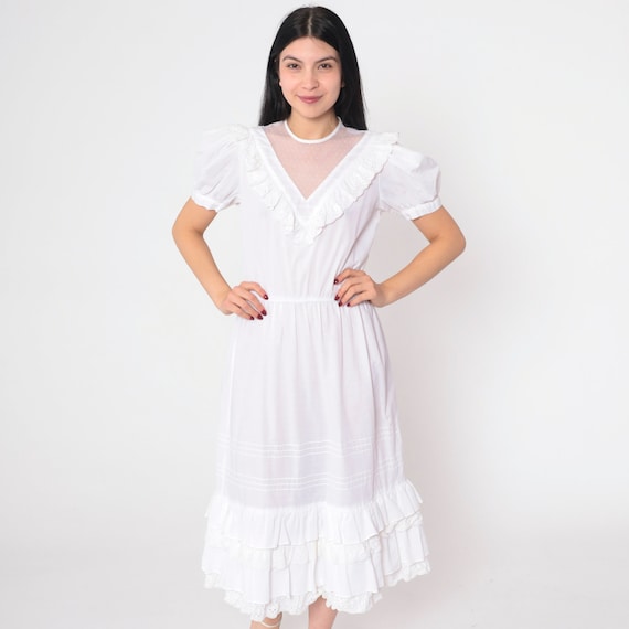 Cottagecore Dress 70s White Ruffled Midi Dress Puff Sleeve Tiered Skirt Eyelet Lace Illusion Neckline Victorian Vintage 1970s Jody Small S