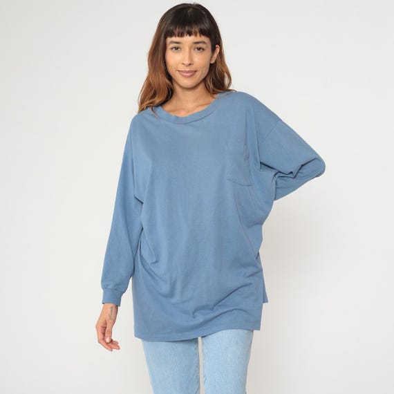 90s Blue Work Shirt Tunic Long Sleeve Crew Neck Chest Pocket Loose Fit Minimal Utility Vintage Cozy Relaxed Grunge Workwear Extra Large XL