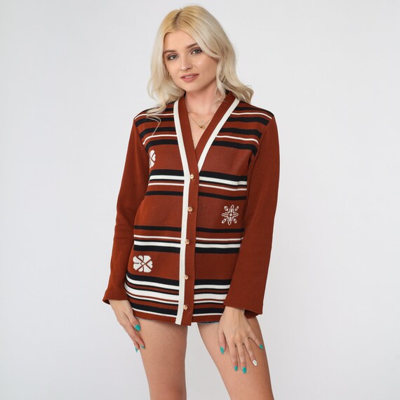 Boho Cardigan Sweater 70s Hippie Boho Brown Snowflake Nordic 1970s Bohemian Striped Button Up Seventies Hippie V Neck White Black Medium