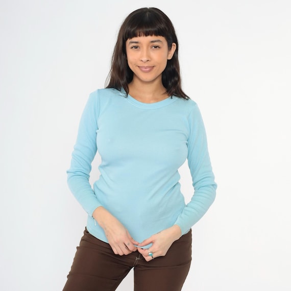 70s Baby Blue Sweater Top Vintage Retro Lightweight Pullover Knit Jumper Crewneck Boho Simple Minimalist Knitwear Normcore Plain 1970s Small
