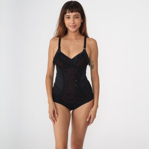Black Fringe Teddy 80s Lingerie Teddie Lace Sequin Romper Bodysuit Soutache One Piece Shapewear Girdle Vintage 1980s Sexy Small
