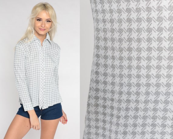 Silver Checkered Shirt 70s Metallic Button up Blouse Dagger Collar Top Sparkly Disco Shirt Long Sleeve Collared White Vintage 1970s Small S