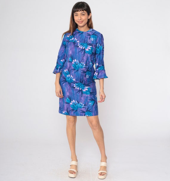 60s Hawaiian Mini Dress Blue Purple Tropical Flor… - image 3