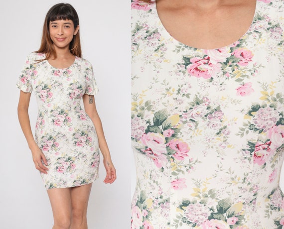 Cream Floral Dress 90s Mini Dress Short Sleeve Ro… - image 1