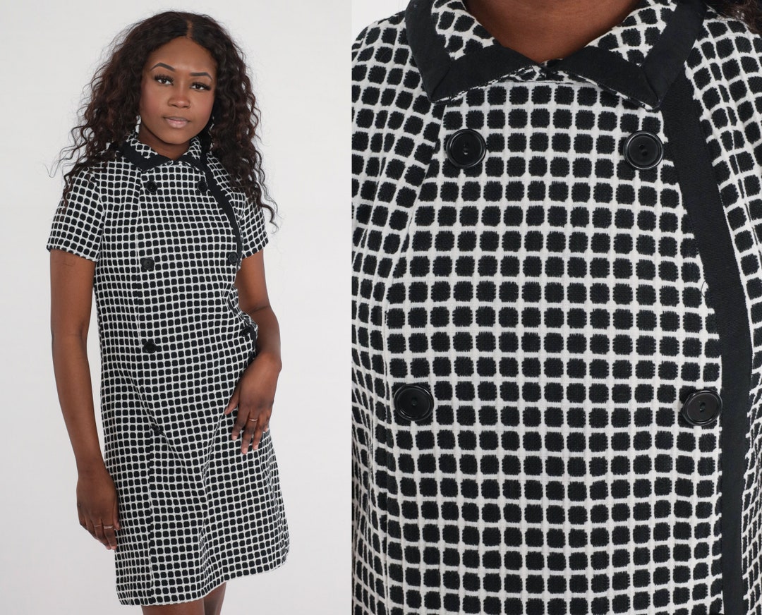 Mod Mini Dress 60s Checkered Black White Dress Shift STEWARDESS Double ...