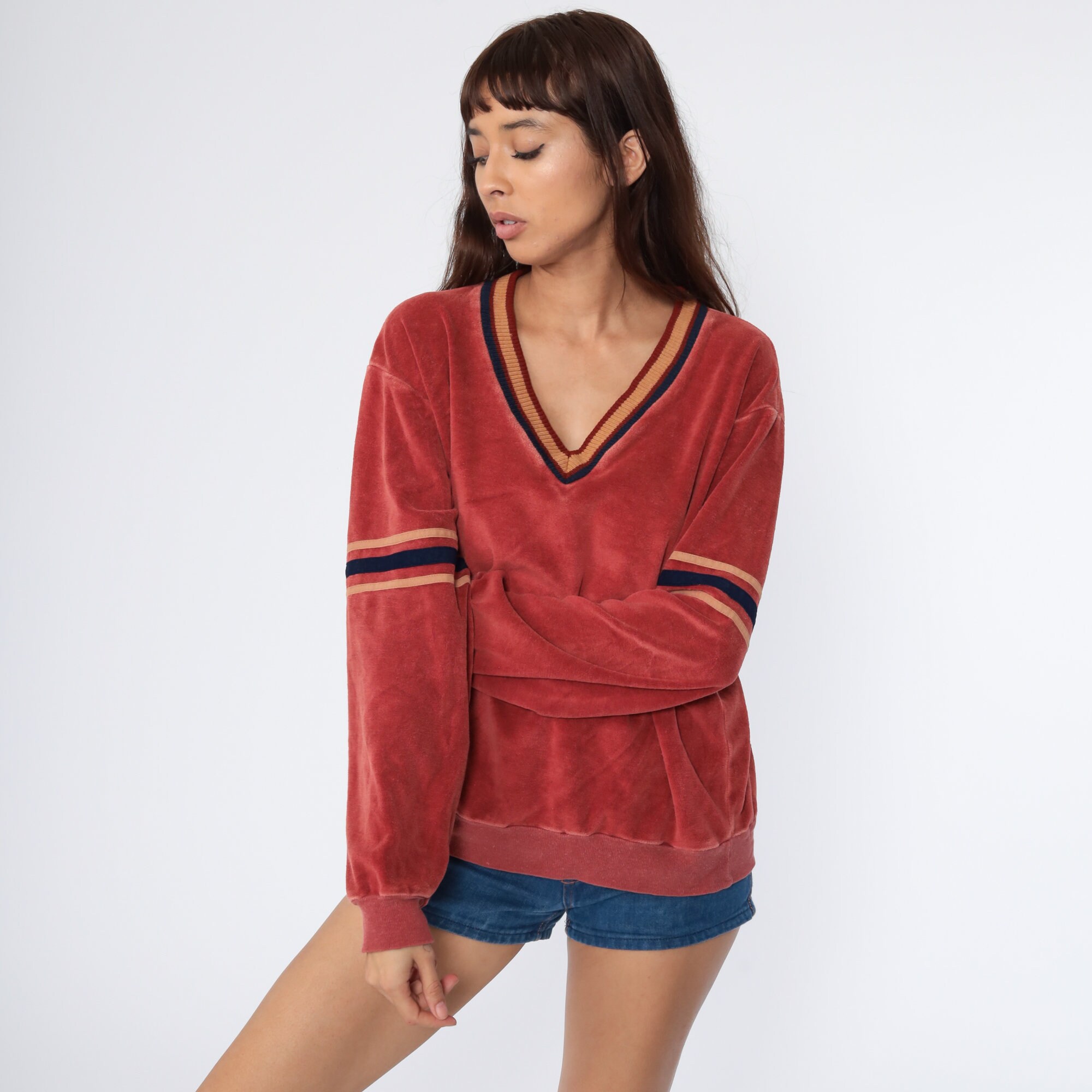 Velour Sweatshirt 70s Rust Red Striped Sweater Slouchy Long Sleeve