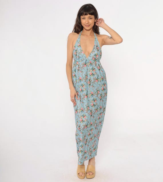 70s Halter Summer Dress Floral Maxi Blue Pink Yellow Roses Flowers Birds Cottage Core Prairie Bohemian Spring Easter Pastel Vintage Small S