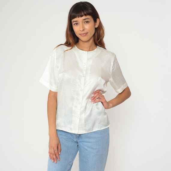 Alligator Print Blouse 90s Off White Textured Shimmery Top Sparkly Party Shirt Vintage Cocktail Evening Office Work Professional Medium M