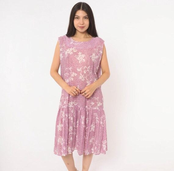 80s Floral Drop Waist Dress Purple White Dotted Sleeveless Ruffle Hem Plum Violet Summer Spring Sundress California Looks Extra Large XL