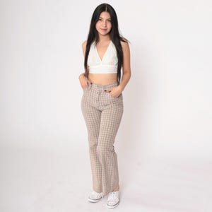 Jaren 70 geruite broek uitlopende tartan broek beige rood marineblauw hoog getailleerde bell bottoms geruite hippie jaren 1970 ruit print vintage klein