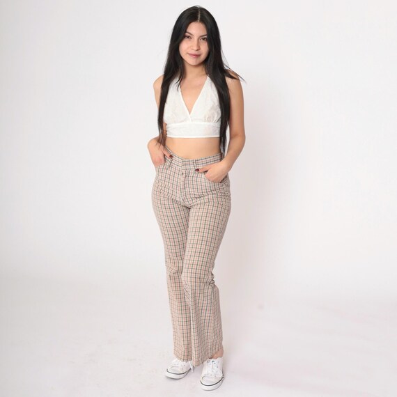 70s Plaid Pants Flared Tartan Trousers Beige Red Navy High Waisted Bell Bottoms Checkered Hippie 1970s Check Print Vintage Small