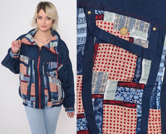 90s Patchwork Windbreaker Blue Zip Up Jacket Geometric Polka Dot Floral Print Retro Drawstring Vintage 1990s Streetwear Oversized Large L