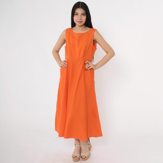Vintage Orange Sleeveless Midi Dress 80s Button Back Fit and Flare A-Line Minimalist Summer Sundress 1980s Scoop Beck Basic Bright Medium M