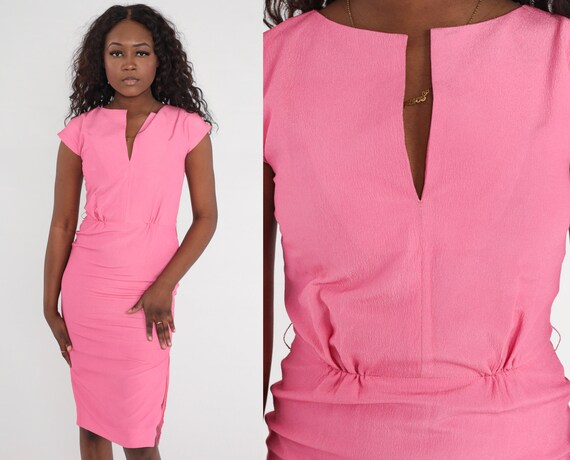 60s Wiggle Dress Pink Midi Dress 1960s Sheath Cocktail Mad Men Hourglass Pencil Dress Vintage High Waist Cap Sleeve Slit V Neck Small