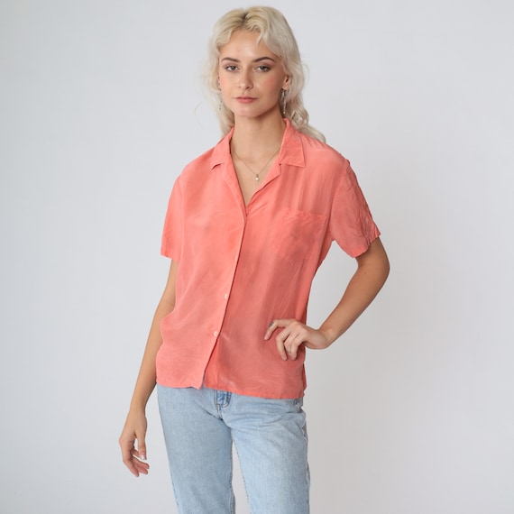 Peach Silk Blouse 80s Button Up Shirt Retro Plain Simple Short Sleeve Top Chest Pocket Preppy Basic Salmon Vintage Nordstrom 1980s Large L