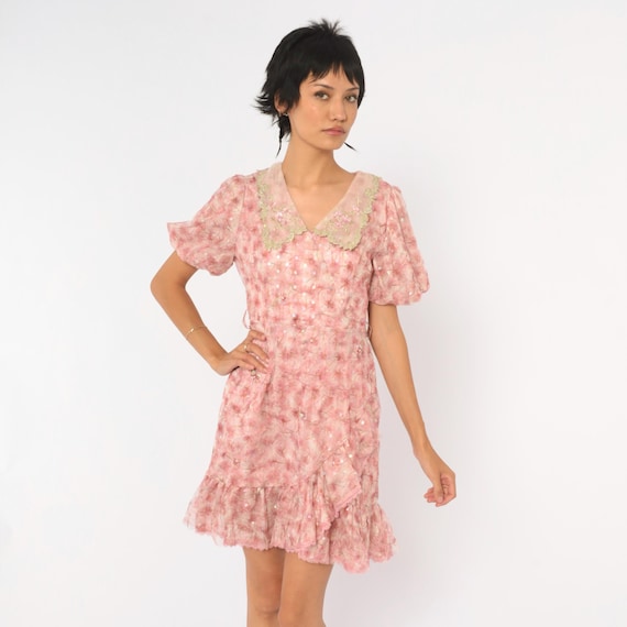 Y2K Pink Floral Sequin Dress Lace Collar Puff Sleeve Mesh Overlay Cherry Blossom Print Burgundy Coquette Party Vintage Extra Small XS