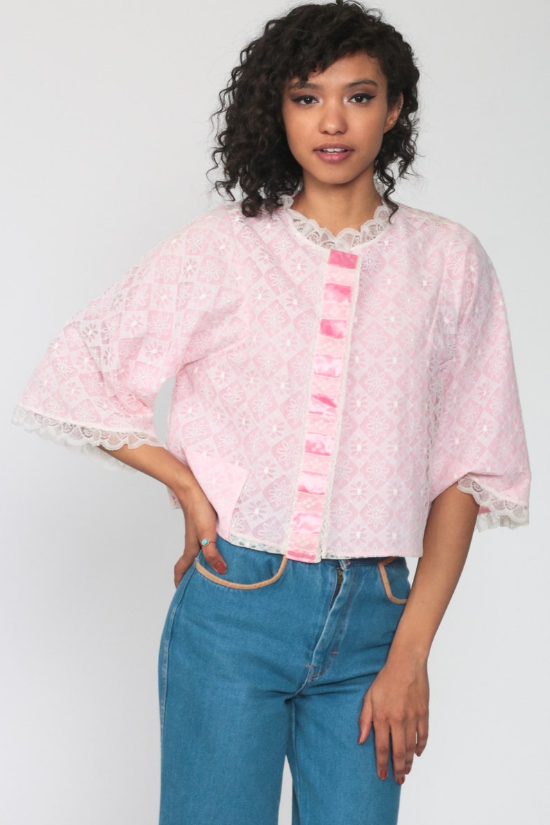Lingerie Pajama Shirt 60s Pink Lace Pajamas Top Button Up Sleep Shirt Baby Pink Pastel Vintage 70s Pajama Top Pinup Sexy Small image 3