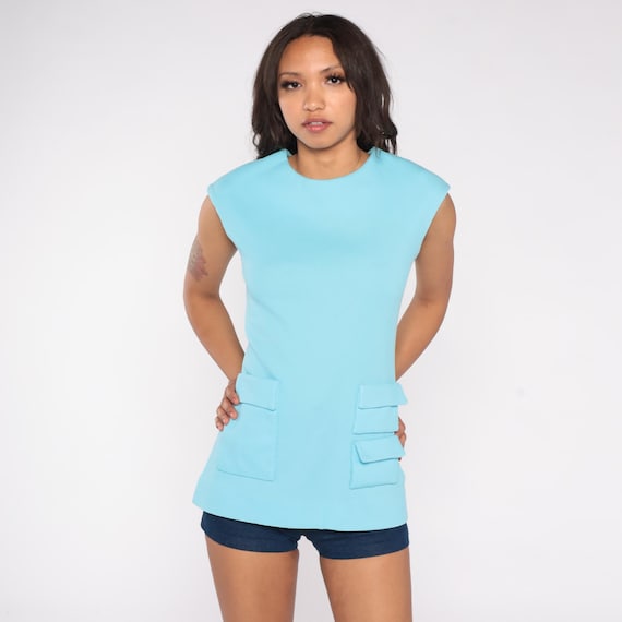 70s Mod Tunic Baby Aqua Blue Sleeveless Pockets Space Age Structured Cap Sleeve Mini Shift Dress Psychedelic Fashion Ultra Small S 6