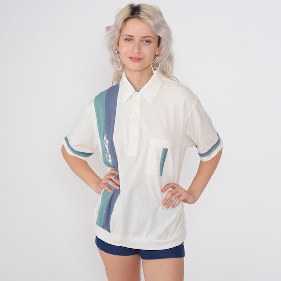 90s Polo Shirt White Striped Collared T-Shirt Blue Green Embroidered Diamond Short Sleeve Top Banded Hem Preppy Vintage 1990s Men's Large