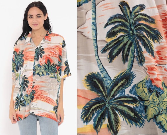 Tropical Shirt Hawaiian Shirt 80s PALM TREE Blouse Floral SURFER Button Up Shirt 90s Summer Top Beach Sea Orange Extra Large xl l