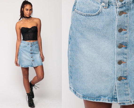 Denim Mini Skirt Jean Skirt 90s Button Up Skirt 1990s High Waisted Pencil Wiggle Grunge Retro Vintage Faded Blue Extra Small xs