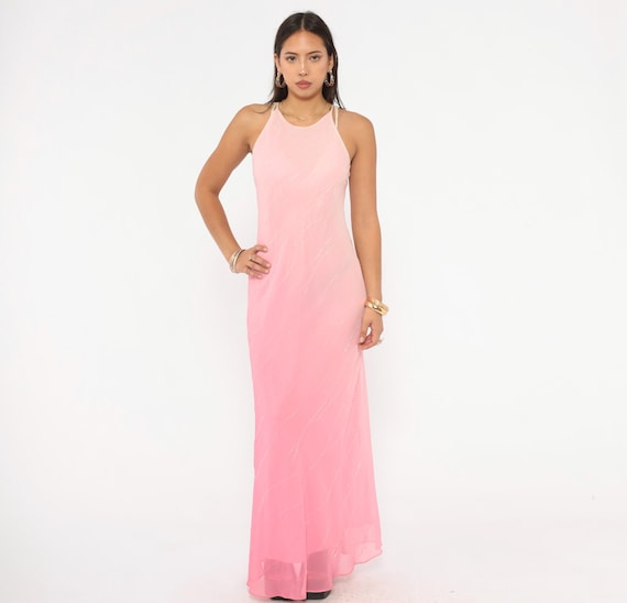 Pink Ombre Beaded Gown 2000s Halter Neck Maxi Dress Chiffon Sheer Overlay Strap Blush Rose Formal Evening Prom Coquette Sleeveless Small S