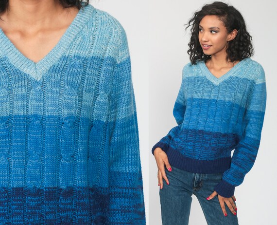 CABLE KNIT Sweater 70s Blue Ombre Striped V Neck S