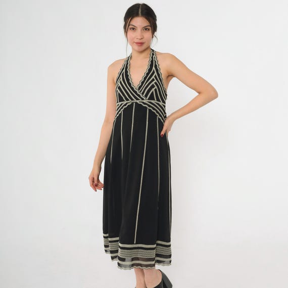 Vintage Y2K Halter Dress Black Embroidered Striped Beaded Summer Midi Dress 00s Low Back Empire Waist Cocktail Party Dress V Neck Small 6