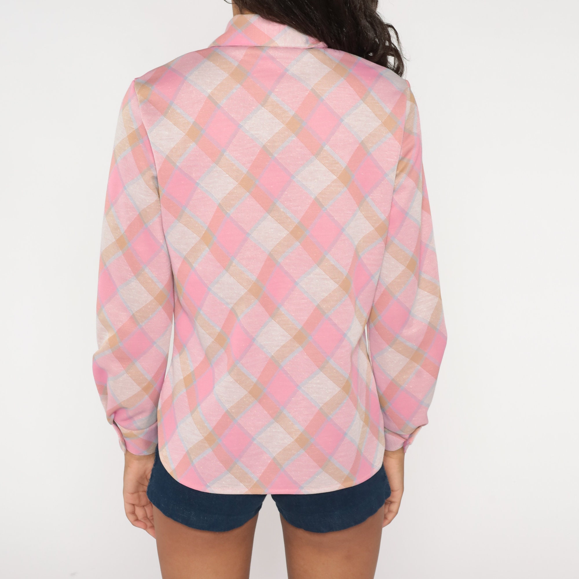 Pink Checkered Shirt 70s Plaid Button up Blouse Retro Preppy Collared