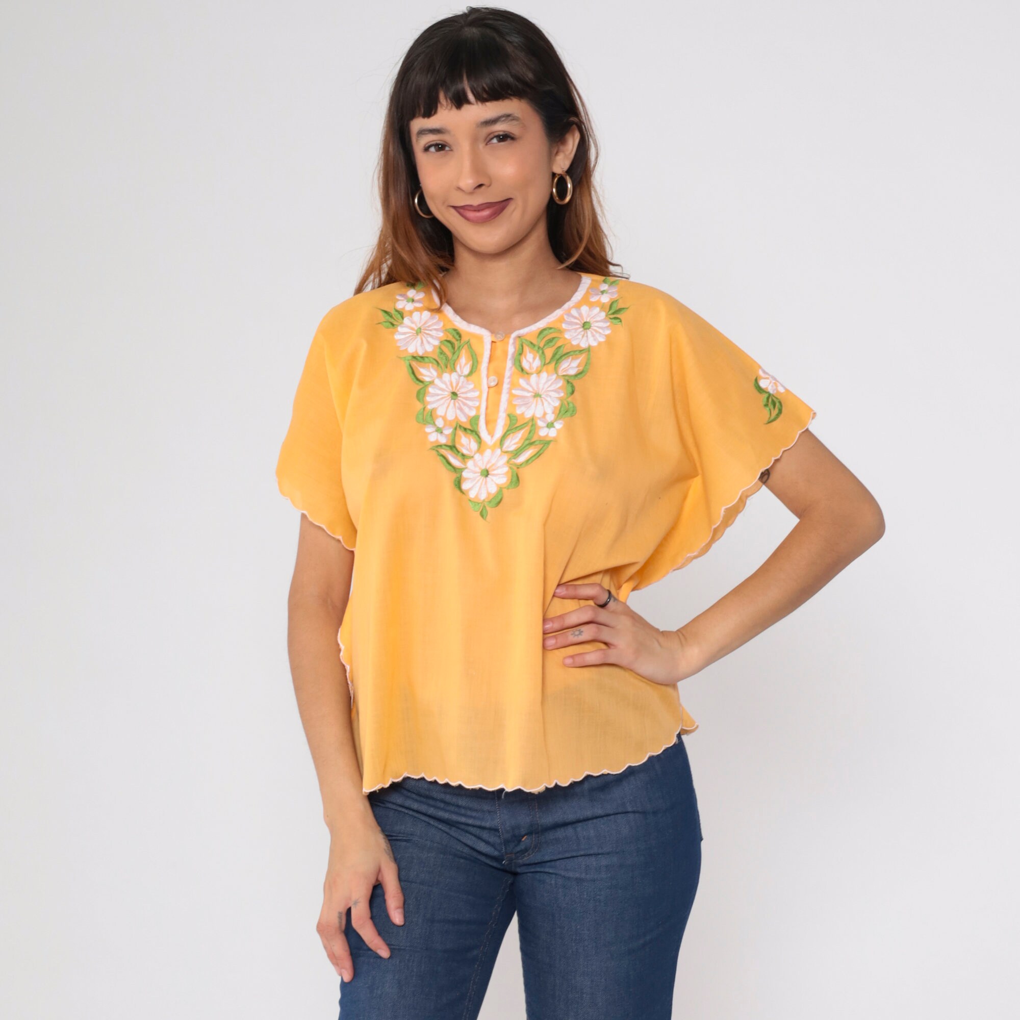Floral Embroidered Blouse 70s Orange Top Flower Embroidery Floral Embroidered Blouse 70s Orange Top Flower Embroidery