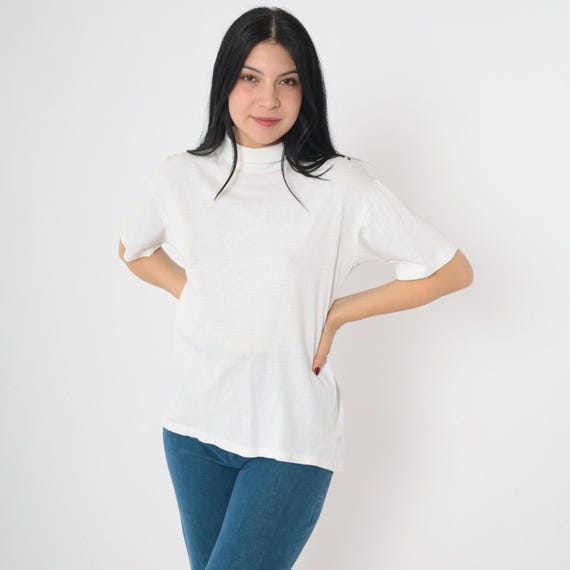 Vintage White Turtleneck Top 80s Munsingwear Shirt Short Sleeve High Neck Plain Simple Basic T-Shirt Solid 1980s Medium M