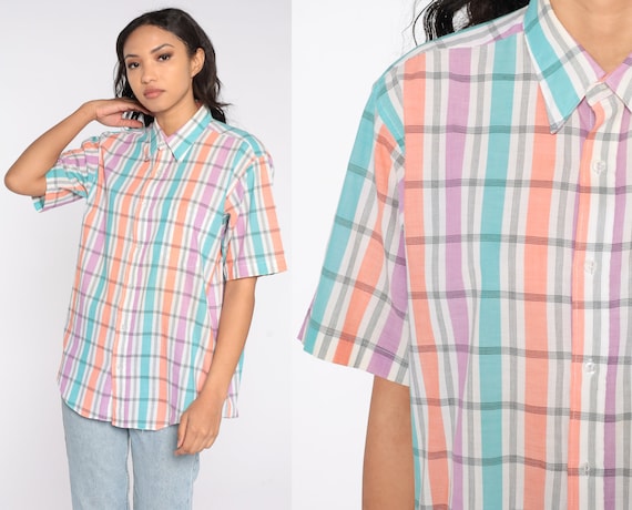 90s Plaid Shirt Checkered Button Up Shirt Short Sleeve Pastel Button Up 1990s Collared Shirt Preppy Purple White Retro Blouse Extra Large xl