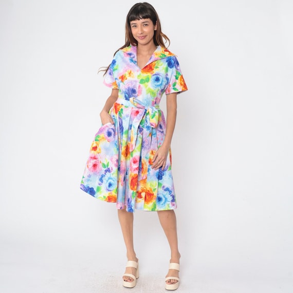 Watercolor Floral Dress Y2K Rainbow Midi Dress Collar V Neck High Waisted Retro Pinup Colorful Short Sleeve Knee Length Vintage 00s Medium M