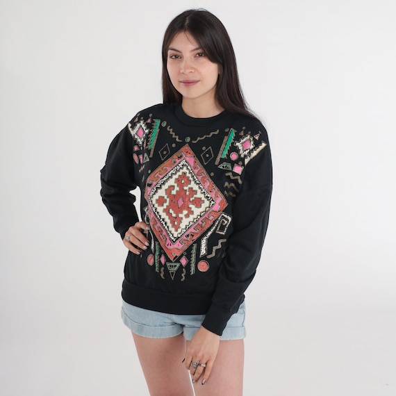 Southwestern Sweatshirt 90s Glittery Geometric Sweatshirt Black Gold Sparkly Pullover Southwest Graphic Shirt Vintage 1990s Small Medium