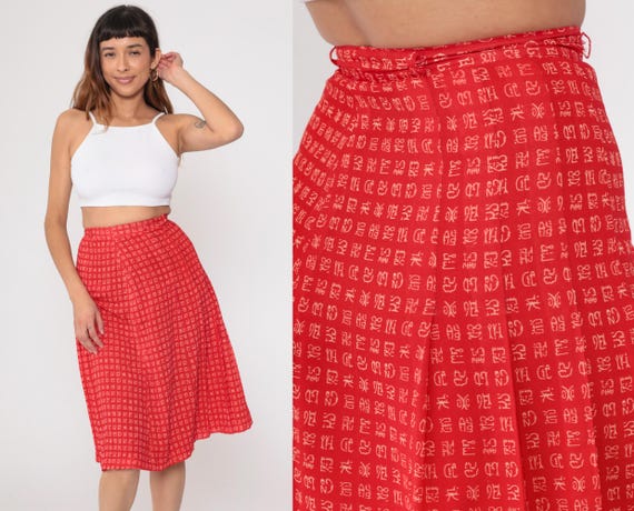 80s Red Mini Skirt Chinese Character Print High Waist A Line Asian Writing Calligraphy Pattern Vintage Preppy Summer Cute Extra Small XS
