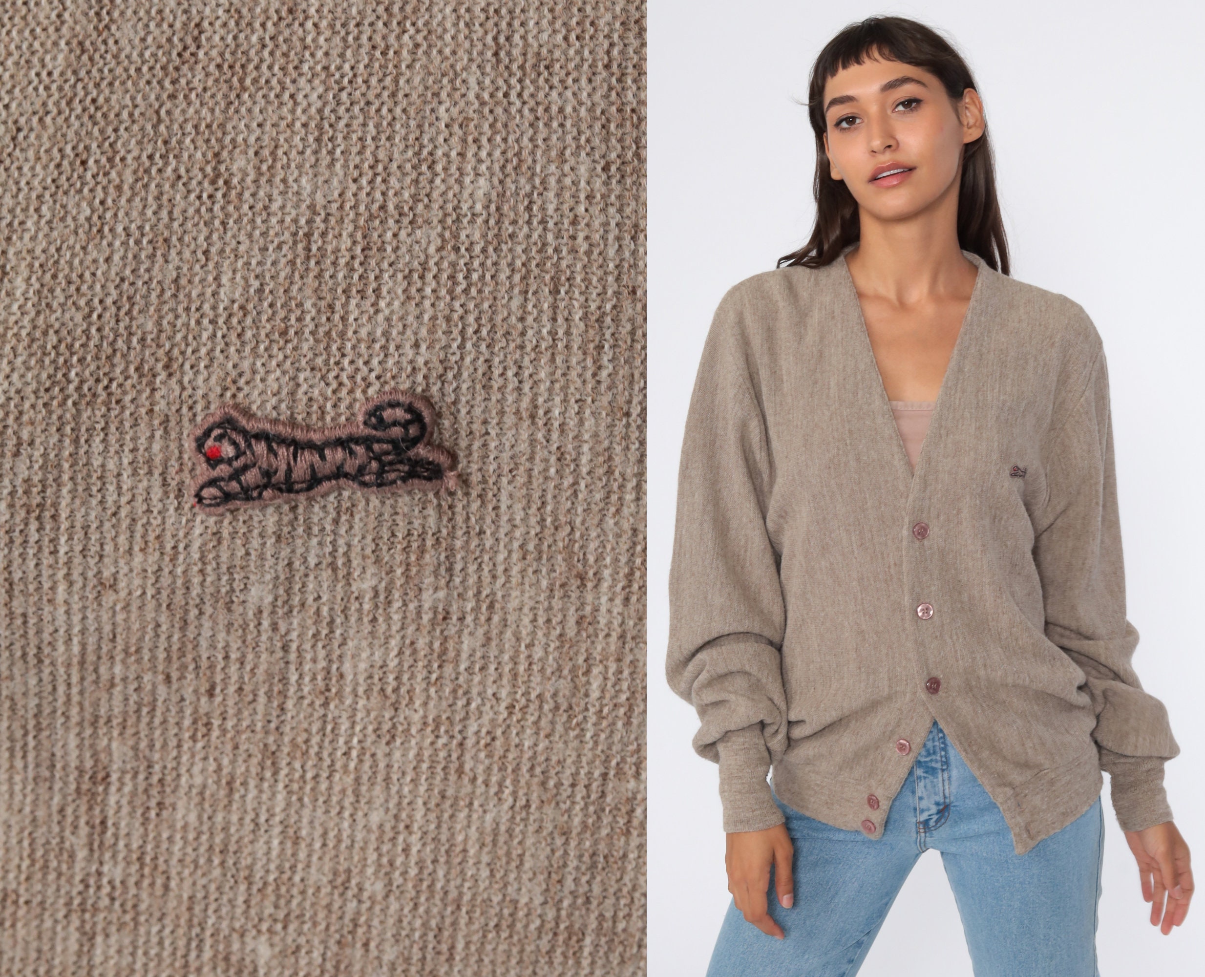 Taupe Cardigan Sweater Le Tigre Sweater 80s Button Up Grandpa Sweater Tiger  Slouchy Vintage 1980s Preppy Slouch Medium