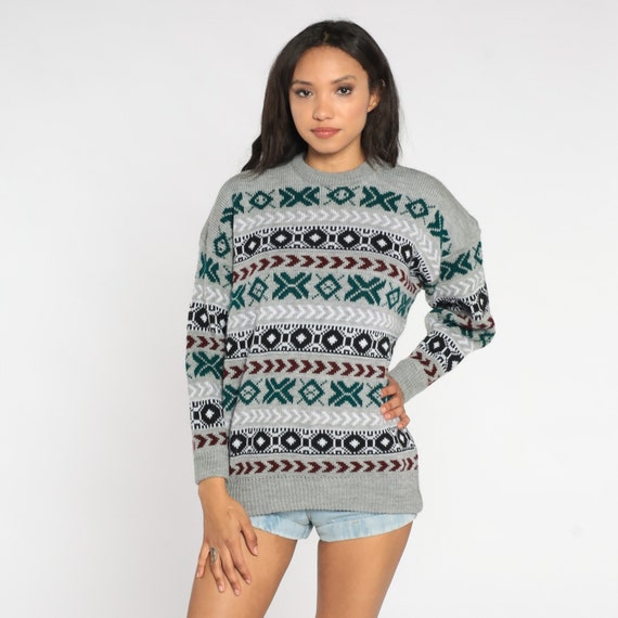 Grey Geometric Sweater 80s Knit Pullover Striped Statement Knit Fair Isle Jacquard Sweater 90s Vintage Knitwear Jumper Gray Mens Large L