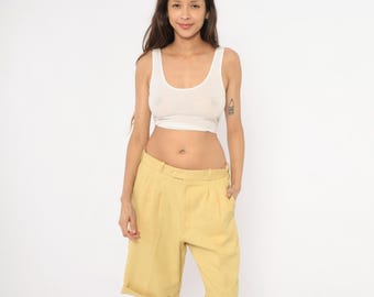 80s Pleated Bermuda Shorts Tan Tailored Trouser Sand Khaki Cuffed Hem Walking Summer Preppy Collegiate Academic Vintage Waist 33 Medium M