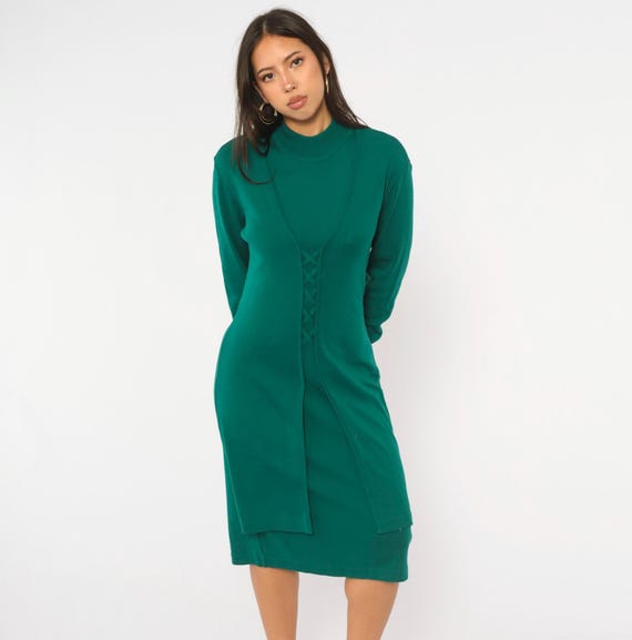 80s Green Sweater Dress Wool Knit Mock Neck Long Sleeve Emerald Layered Cardigan Overlay Lace Up Front Fitted Sheath Womens Vintage Large L