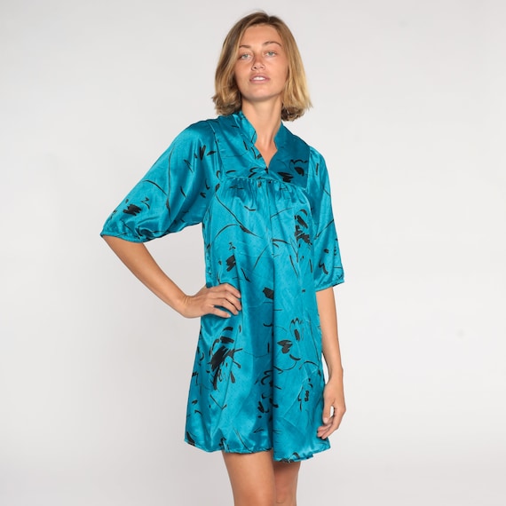 Blue Floral Dress 90s Mini Dress Retro Bib Tent Dress Boho Grunge Silky Black Flower Print Casual Day Dress Summer Vintage 1990s Small S