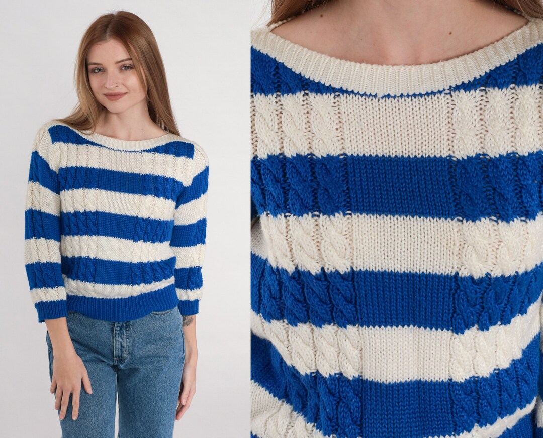 Vintage Blue & White Bow Graphic Knit Short Sleeve Jumper 6 8 10 main image 0
