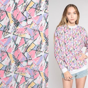 Abstract Print Sweatshirt 80s 90s Pullover Crewneck Statement Sweater Retro Streetwear Athleisure Pink Purple Yellow White Vintage Medium M image 1