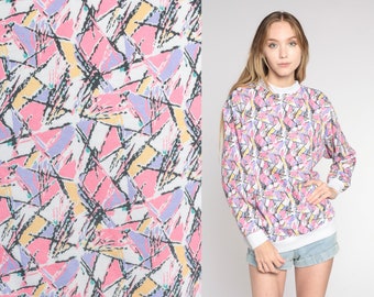 Abstract Print Sweatshirt 80s 90s Pullover Crewneck Statement Sweater Retro Streetwear Athleisure Pink Purple Yellow White Vintage Medium M