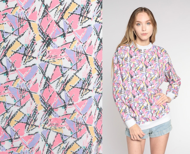 Abstract Print Sweatshirt 80s 90s Pullover Crewneck Statement Sweater Retro Streetwear Athleisure Pink Purple Yellow White Vintage Medium M image 1