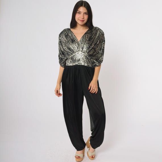 80s Metallic Silver Black Jumpsuit Draped Dolman Sleeve Deep V Neck Disco Glam One Piece Wide Leg Evening Party Outfit Romper Medium M