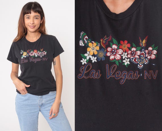 Las Vegas Tee Y2K Black Cotton Tourist Nevada Souvenir Floral Butterfly Vintage 90s Summer Vegas Travel Vacation Festival Tshirt Small S