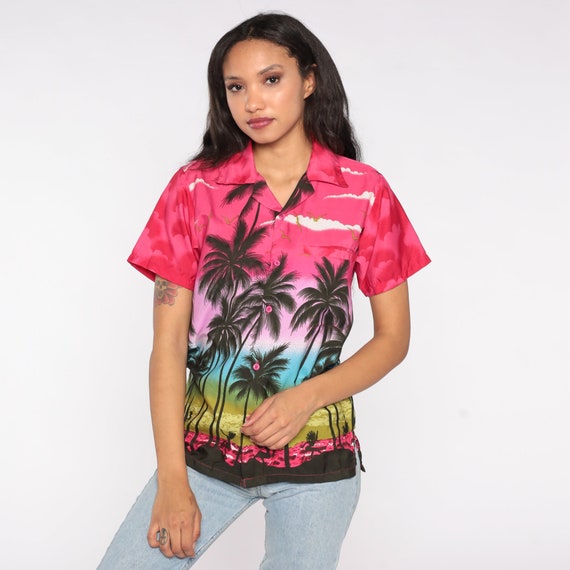 80s Hawaiian Shirt Palm Tree Luau Dancer Sunset P… - image 4