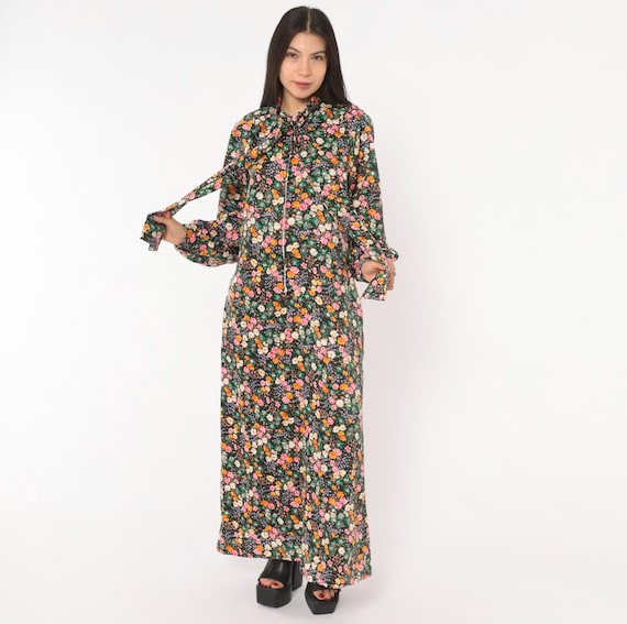 70s Dark Floral Maxi Dress Bell Sleeve Bow Neck Pink Orange Garden Print Black Cottagecore Prairie Long Sleeve Flower Power Vintage Medium M